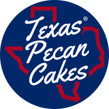 Texas Pecan Cakes logo with a blue circle and red outline of Texas.