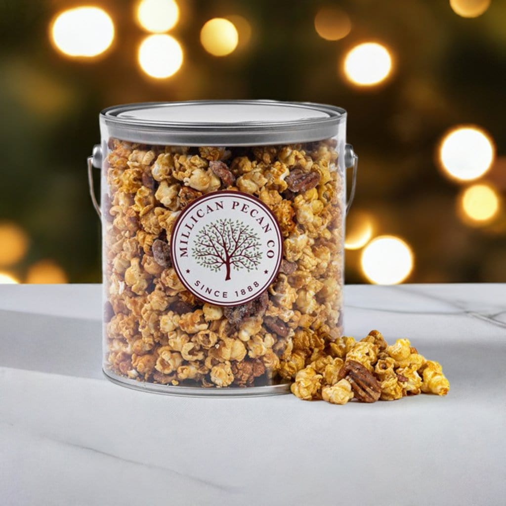Caramel Pecan Popcorn - 1 - Gallon Pail - Pecan Treats | Texas Pecan Cakes