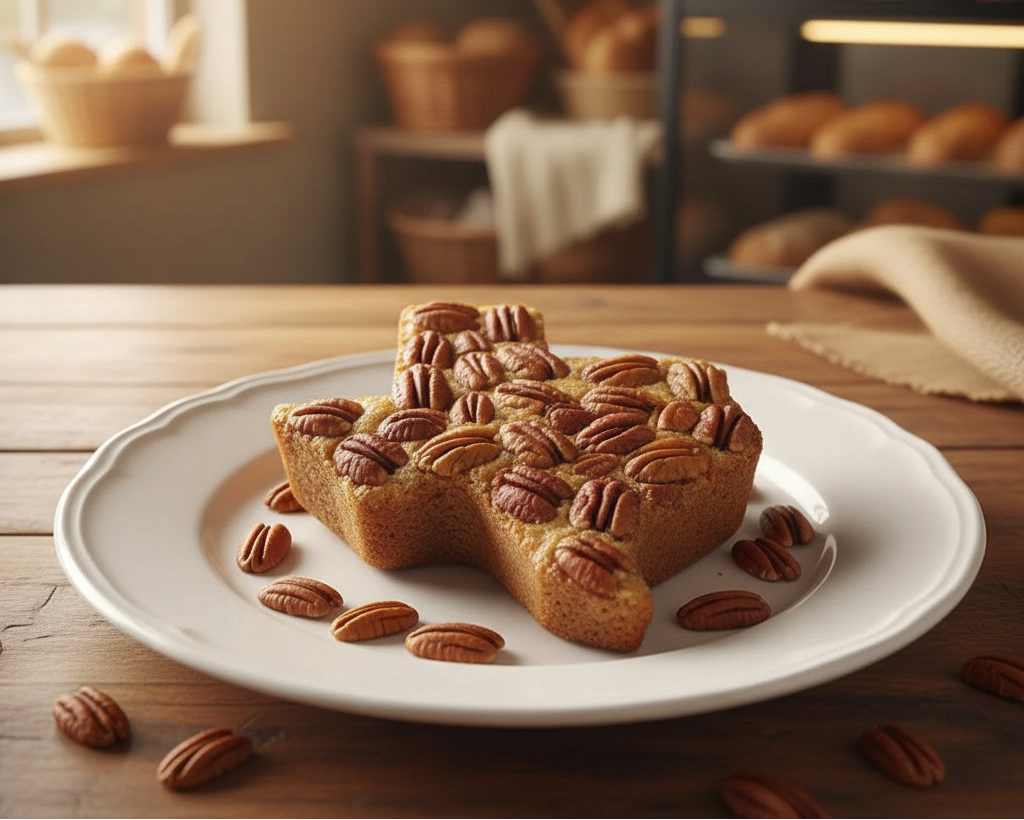 Medium Texas Pecan Cake with whole pecan halves on Texas-shaped cake — serves 3-4