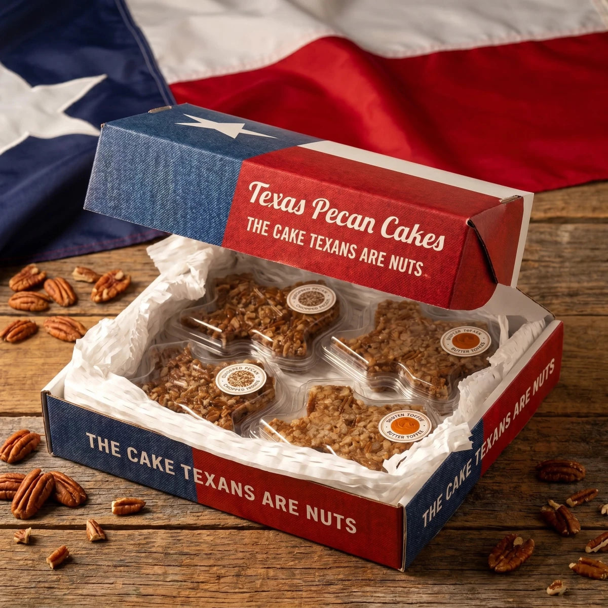 Box of Texas Pecan Cakes with a Texas flag in the background