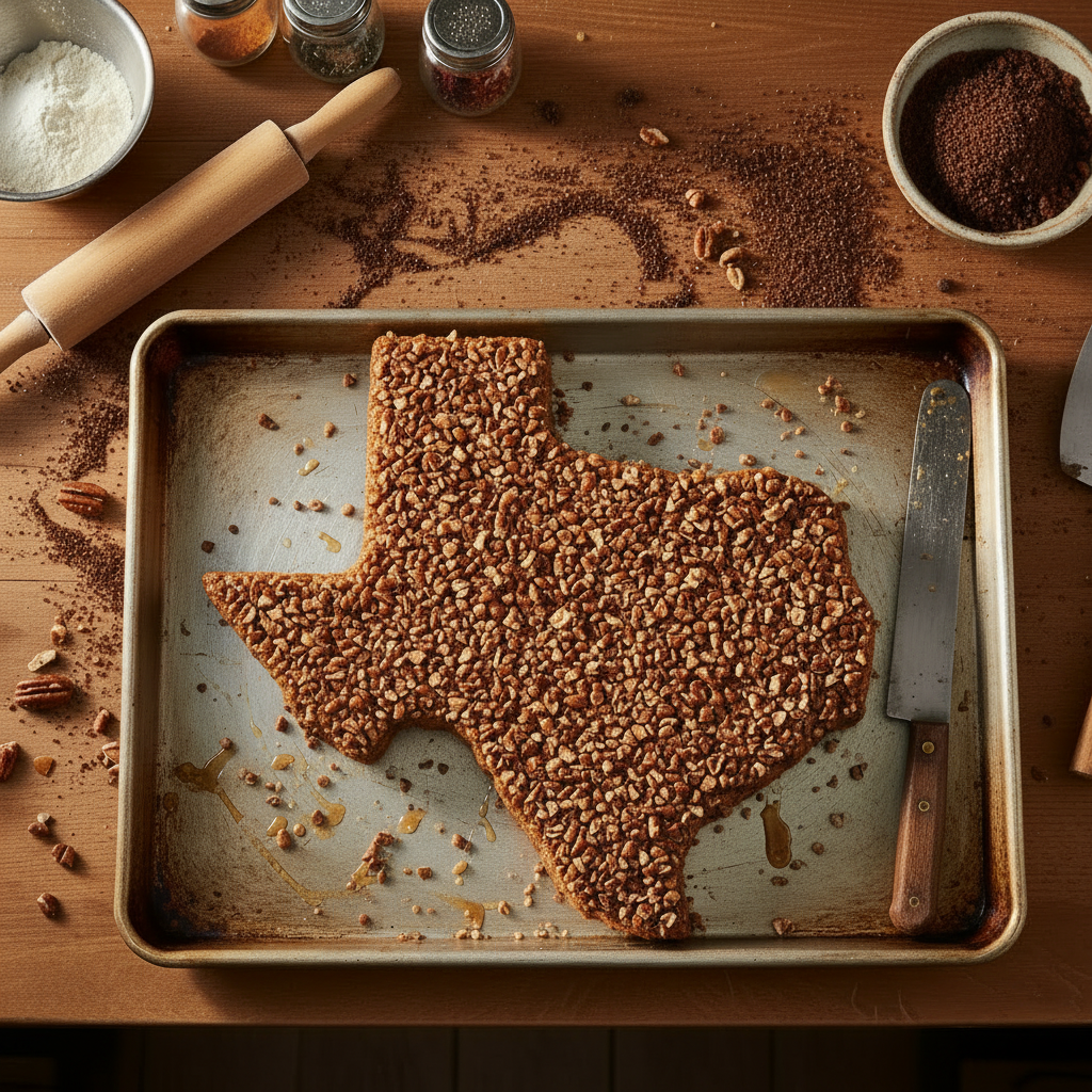 Large Texas-shaped pecan cake topped with chopped pecan pieces.