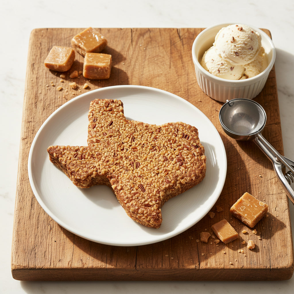Large Texas-shaped pecan cake with butter toffee topping — product photo on transparent background