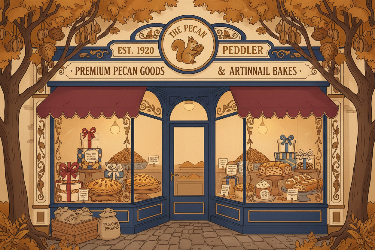 Image of a generic wholesale type store such a boutique grocery store that is animated and pecan themed so I can use for FAIRE