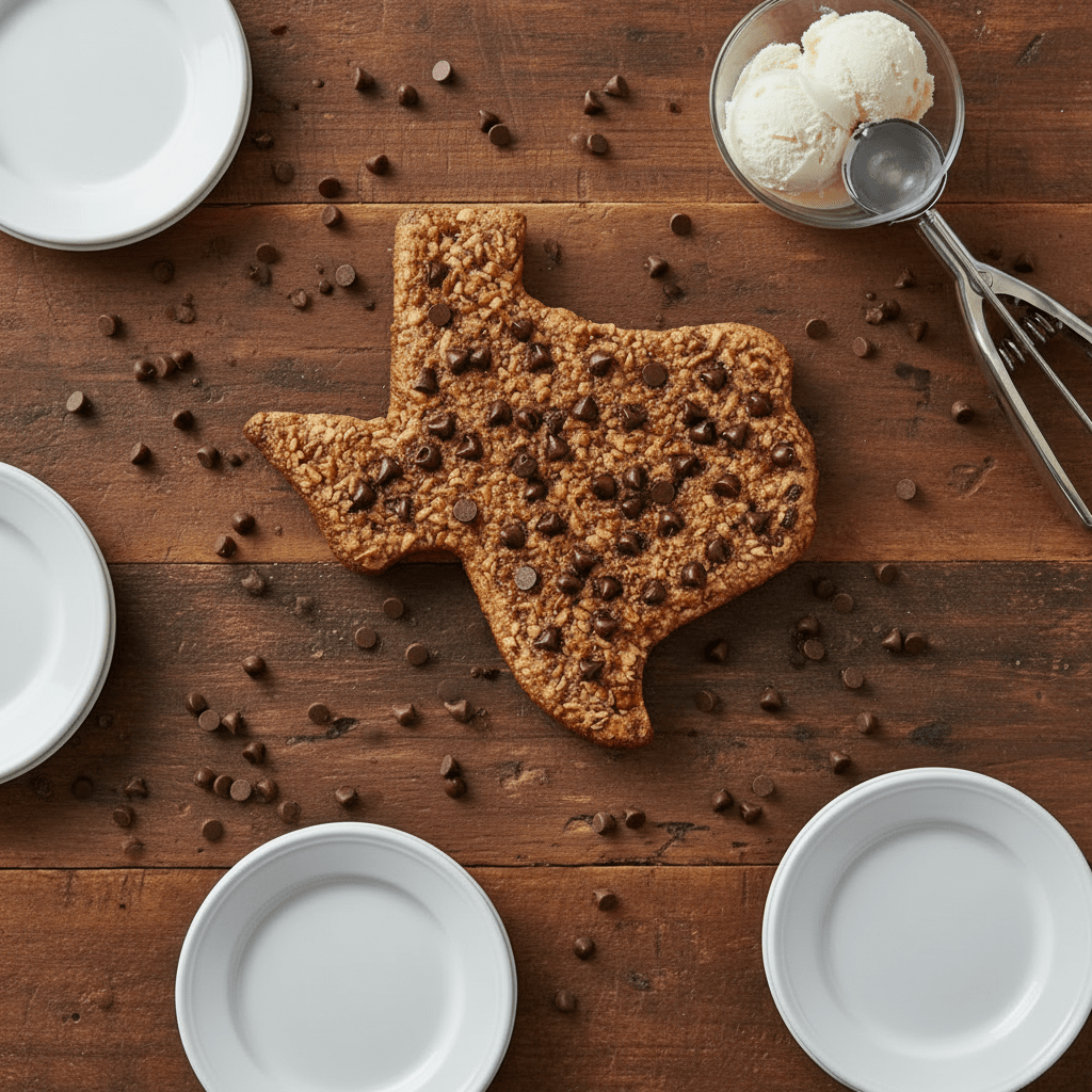 Texas-shaped cookie with chocolate chips on a white background with ice cream.