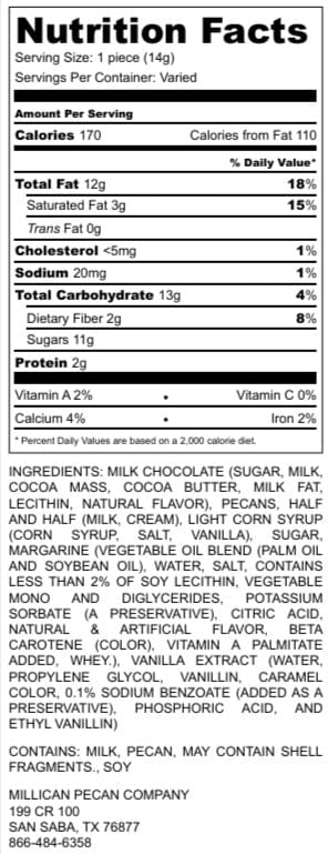 Milk Chocolate Caramillicans - Individual - Pecan Treats | Texas Pecan Cakes