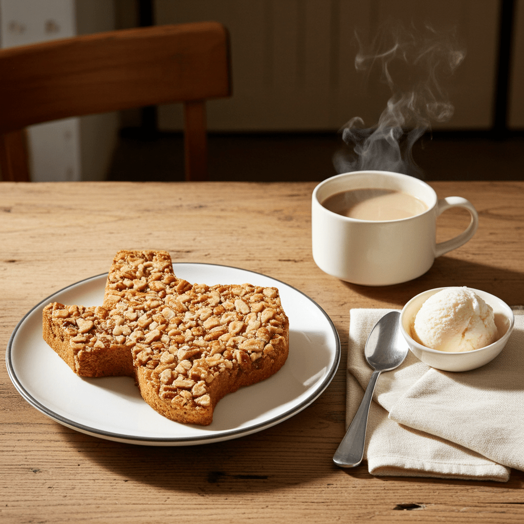 Small Texas Pecan Cake on plate with coffee — pecan cake paired with hot coffee, cozy dessert serving idea