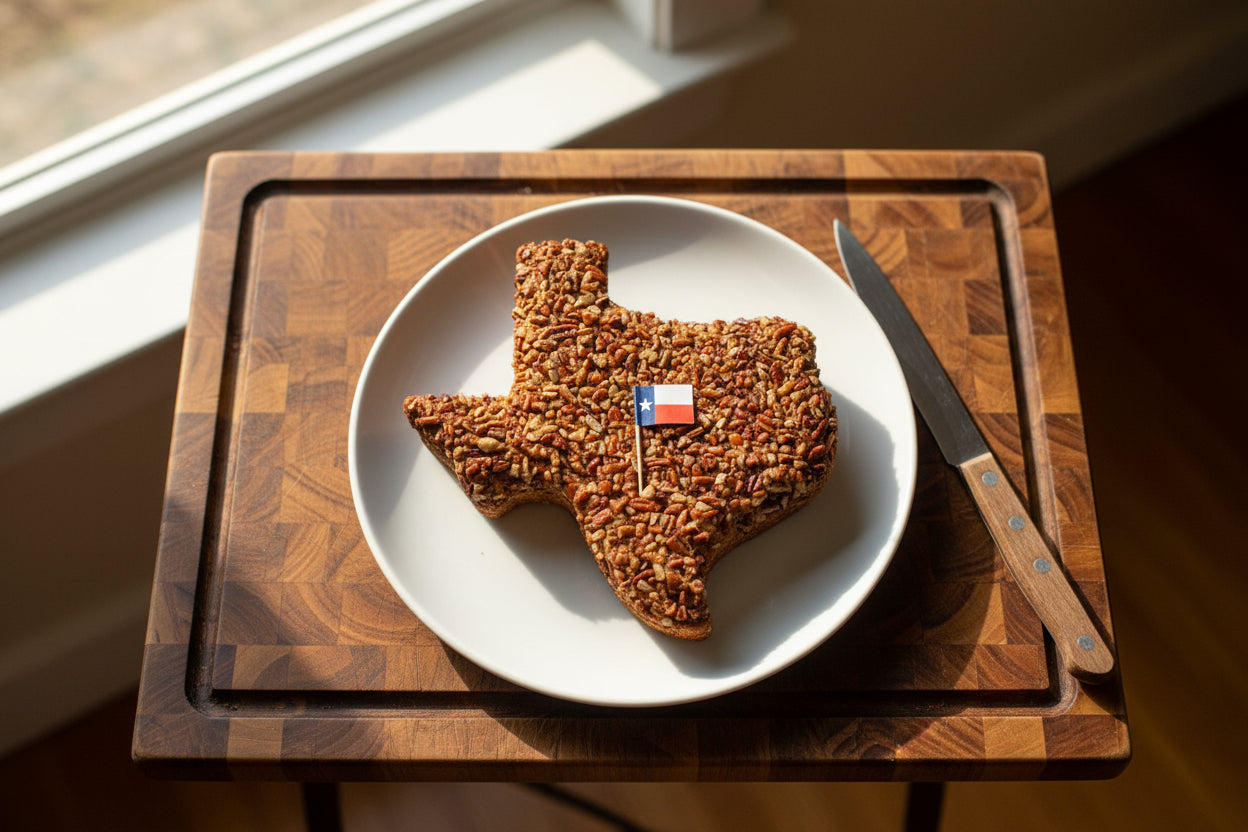 Large Texas Pecan Cake on white plate with vanilla beans, brown sugar, and chopped pecans — artisan bakery
